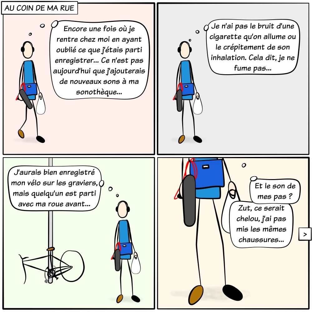 Première page de ma propre version du spectacle 'Au coin de ma rue' de la Compagnie les Bonimenteurs